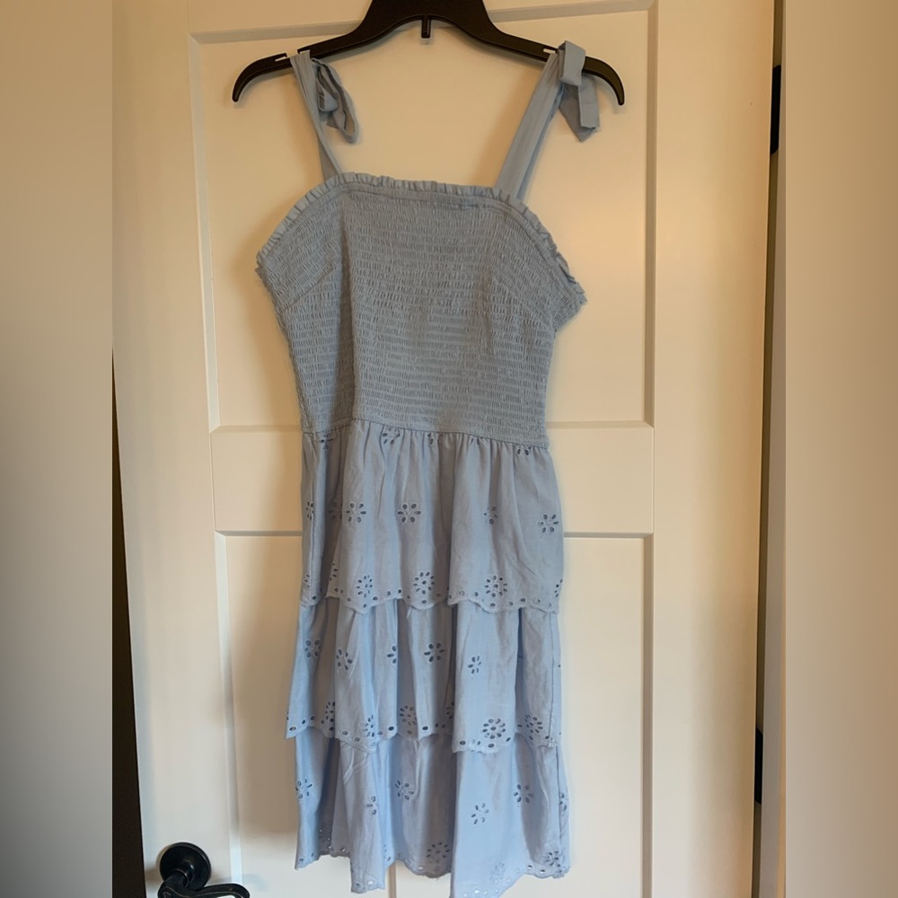 Sincerely Jules light blue mini dress with smocking across the chest.
